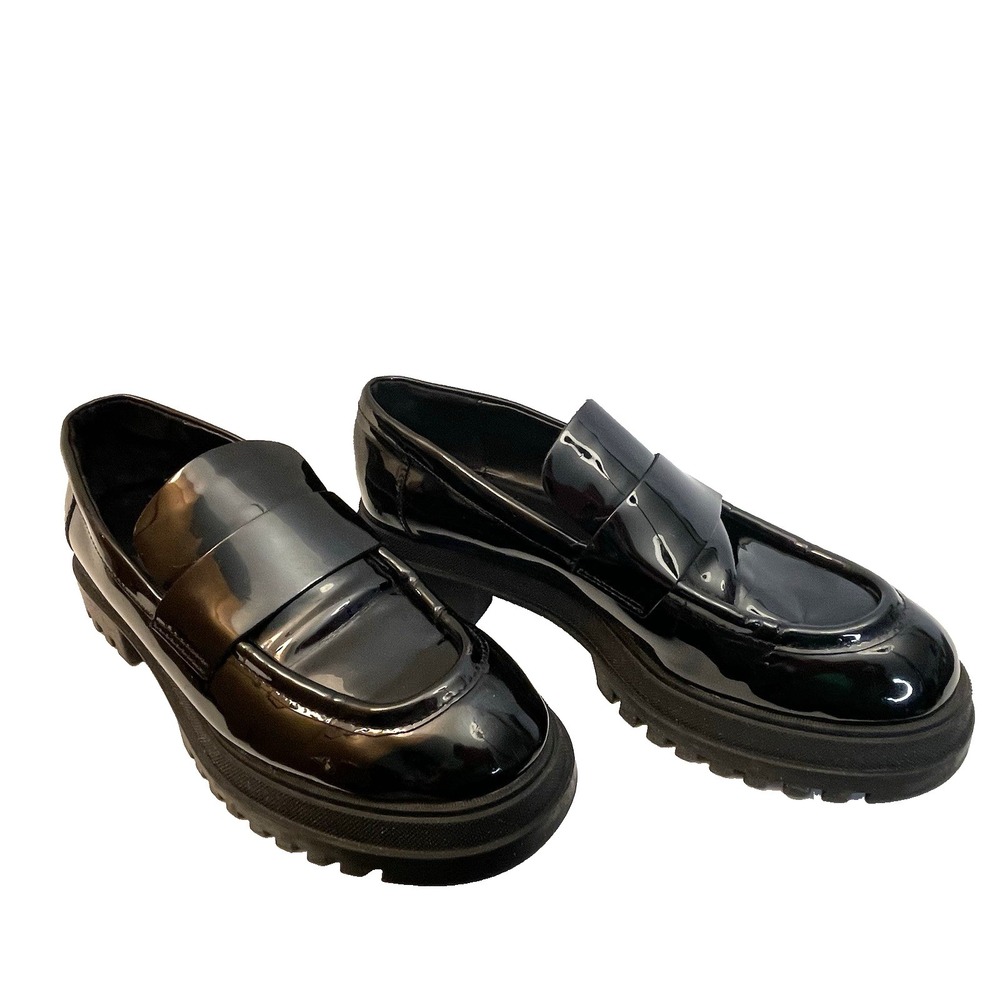 Zara Black Chunky Faux Patent Leather Platform Loafers Lug Sole Y2k Grunge - 7.5